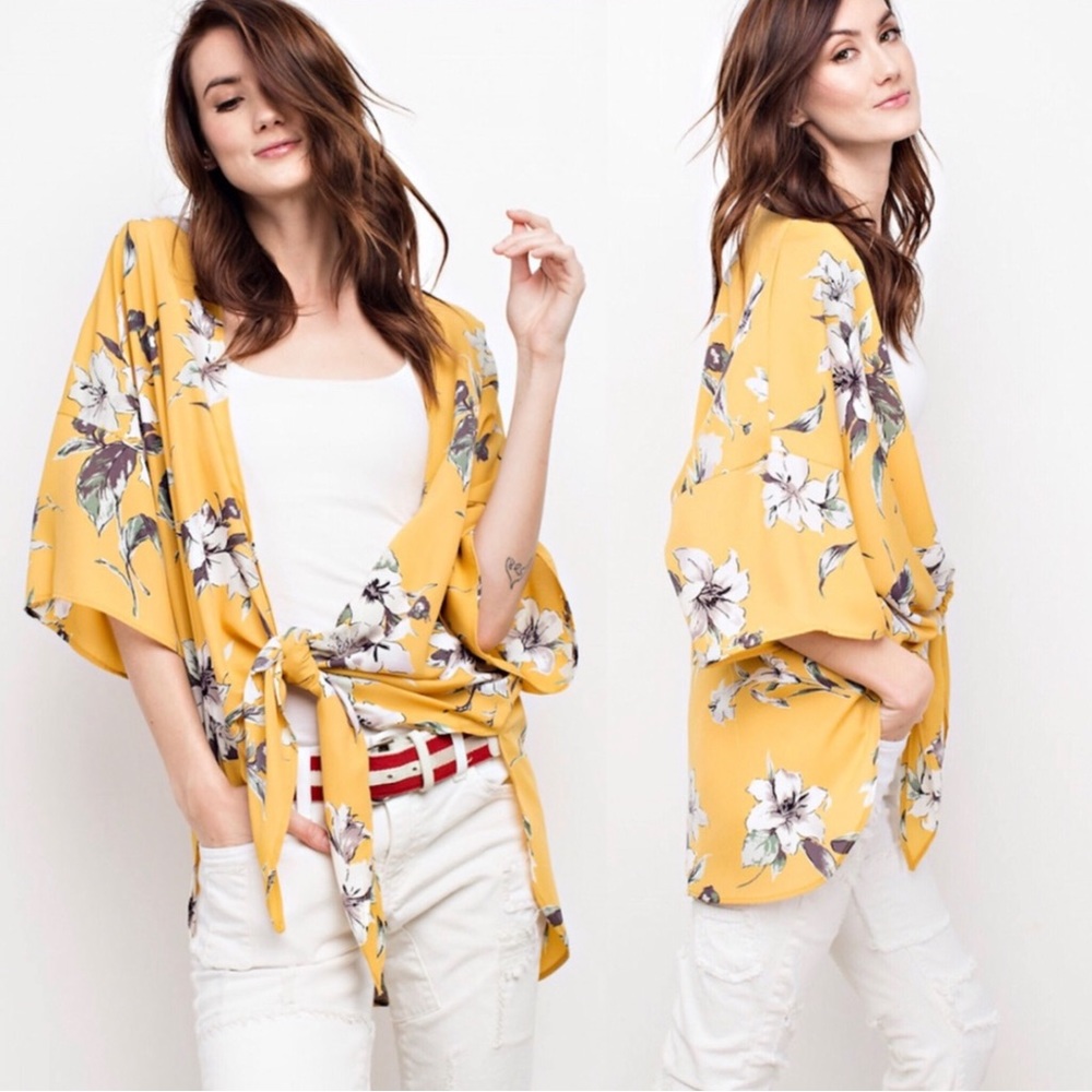NEW Easel Floral Kimono Topper Gold Yellow Abstract Floral Print Women Sizes NWT - Picture 3 of 14